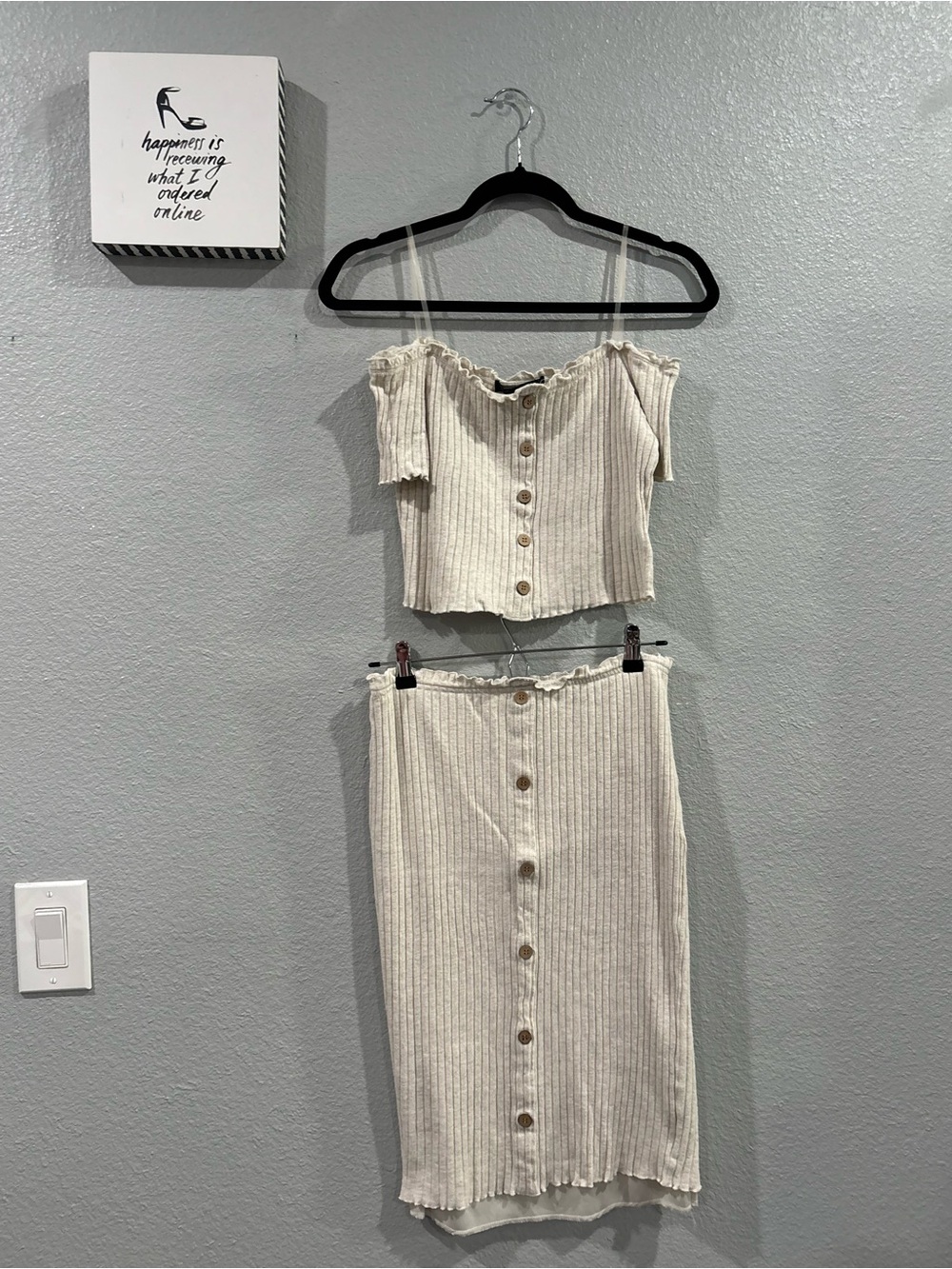 Casual Cream Ribbed Midi-Skirt Set Women's